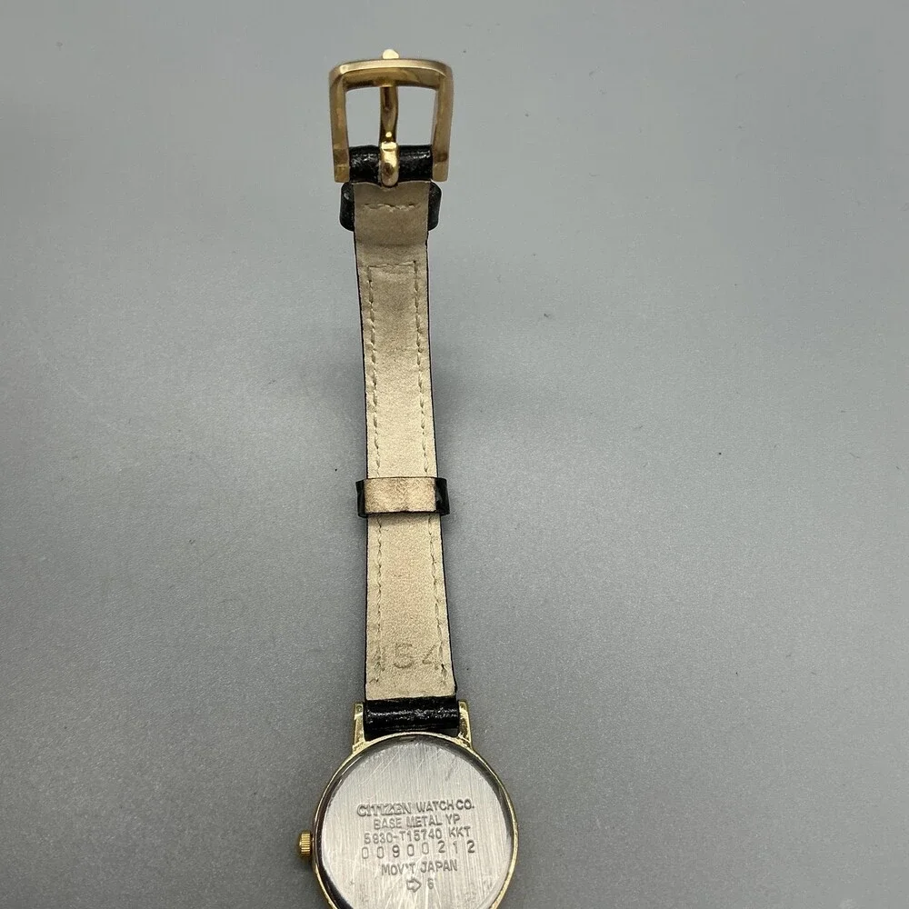 Vintage Citizen Womens Watch 21mm Champagne Gold Tone Black Leather New Battery